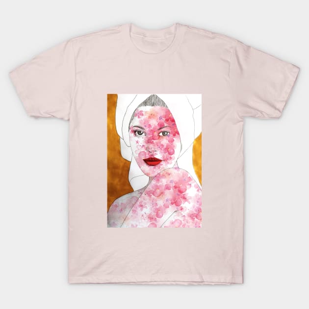 Original golden woman portrait with flowers T-Shirt by SaraFuentesArt